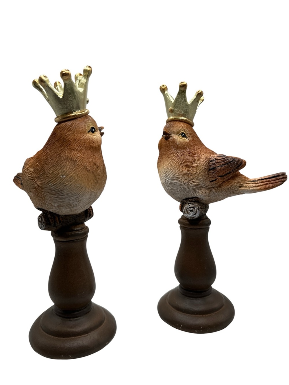 Pair Of 2 Decorative Brown Wood Bird With Gold Crown Bird Accent Home